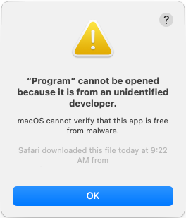 Screenshot of a system alert, informing the user that the application cannot be opened, because it was not signed by a registered developer.