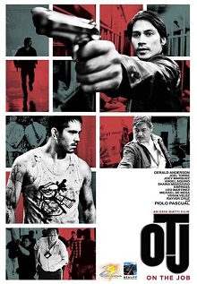 The film's poster. At the top, Piolo Pascual is shown pointing a pistol in a wide shot, and his running silhouette is to the left. Gerald Anderson is shown center-left, covered in blood and looking on his left with a grim and intimidating expression. He is shown far left with Joel Torre, both with their backs turned and handcuffed with a shoulder bag strapped on them. Torre is shown center right with the same expression as Anderson's with his right hand extended below, presumably pointing a gun. Joey Marquez is shown bottom left, running in the middle of a crowd. The abbreviation "OTJ" is shown bottom right, written in large, bold typeface; above it is a list of the cast and below the film's full title in small and red uppercase text.