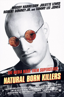 In black-and-white, a bald man sporting a leather jacket wears red sunglasses that contain the reflection of a blonde woman on both lenses, the movie's title is visable.