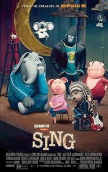 A group of anthropomorphic animals; consisting of a mouse, a koala, an elephant, a gorilla, a porcupine, and two pigs, are on a stage.