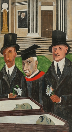 A painting in which three men with misshapen faces and formal garb stand over two open caskets