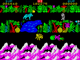 Atop a black background, dense and bright plant foliage mark borders around two horizontal paths. In the top path, drawn in black (negative) space, a blue wolf faces a pith-helmeted person drawn in white (Sabreman). In the bottom row, a yellow spider, approaches a blob of graphical collisions. Bordering the bottom of the screenshot are purple and white mountains, and atop the screen are "1UP", "2UP", and "HI" with numbers indicating the players' and high scores.