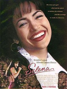 The film poster shows Selena Quintanilla-Pérez grinning over a live concert. The background is dark with faint faces of those in attendance to the concert, with the names of the two lead actors. The middle has the film's name and tagline, and the bottom contains a list of the director's previous works, as well as the film's credits, rating, and release date.