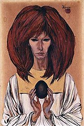 A painting of a slim white woman with large red hair. The two eyes are blackened. She is wearing a white outfit and in her hands holds a black egg.