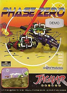 Cover art showing an internal view of the player's hovercraft targeting two enemy hovercraft in a desert