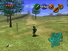 A screenshot of Link in 3D form standing in a field in Hyrule