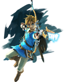Artwork of Link dressed in a blue tunic and shooting an arrow