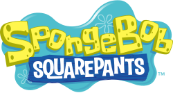 The brand logo. It features the word "SpongeBob" written in a yellow sponge-like font, with the word "SquarePants" written below in a white font on a blue wooden board. A light blue splash of water is behind the words.