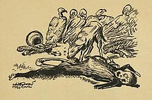 Hand-drawn sketch of a half-eaten corpse on the ground, a jackal gnawing on its leg bone, five vultures waiting for the jackal to leave. The corpse's facial expression resembles someone screaming.