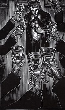 A black-and-white illustration. Framed by arms raising wineglasses, a dark figure stands at the top of the image, his eyes in shadows and with a depressed expression on his face.