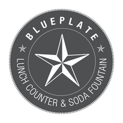 Circular graphic logo with a large star in the center as well as the text "Blueplate" above and "Lunch Counter & Soda Fountain" below