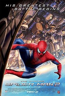 Spider-Man upside down on the side of the Oscorp tower with the film's title, credits and release date underneath below.