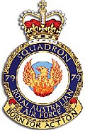 Crest of 79 Squadron, Royal Australian Air Force, featuring a phoenix and the motto "Born for Action"