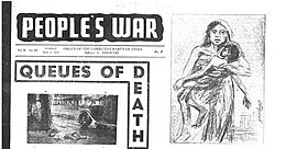 Top half of the front page of a newspaper. The paper is "People's War". The headline is "Queues of Death". There is a hand-drawn sketch of a distressed mother holding an unconscious or dead male child.