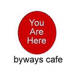 A red circle with the text "You Are Here" displayed in the center; below the circle is the text "byways cafe"