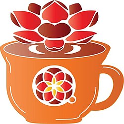 Colorful illustration of a mug with a detailed design and a lotus flower on top