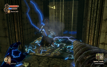 A human figure standing in a pool of water in a dark environment is shocked by electricity. Interface elements are present on the edges of the screen.