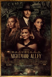 A sepia tinted poster, showing a man, two women, and third woman below. The background prominently lists the 7 deadly sins. Below the billing block is a car on a dark snowy street.