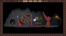 A small cave. Crystals and hand-drawn paintings line the walls. There are carpets on the floor. A small fire is lit in the corner. The Shade sits in an armchair next to a mostly filled bookshelf, smiling. There is a table next to the bookshelf for drawing and a musical instrument to the right of that. A large curtain and a stuffed horse head are near the cave entrance at the right of the screen.
