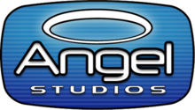 A halo and the words "Angel" and "Studios" in white and with black outlines are aligned vertically. They lay on an oval with gradationally darker shades of blue and a black outline.