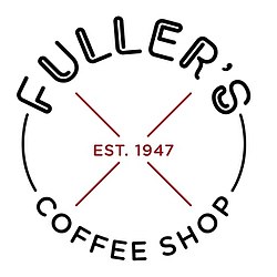 Logo with circular black text "Fuller's Coffee Shop"; in the center is the red text "Est. 1947"