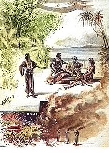 Theatre poster showing figures in classical dress on a beach with a seascape in the background and a burning city in the foreground