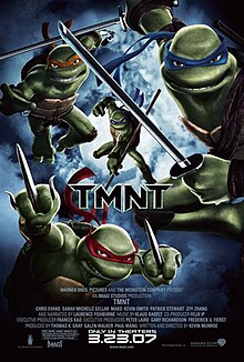 The Teenage Mutant Ninja Turtles are placed posing on a cloudy night sky background with the moon in the center.