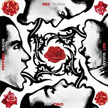 The four band members' faces with elongated tongues that wrap around a rose.