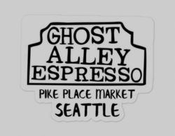 Logo with the text "Ghost Alley Espresso", "Pike Place Market", and "Seattle"