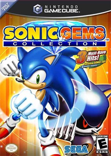 Sonic, a cartoonish blue hedgehog, does a fist bump-like gesture to the viewer, while his robotic doppelgänger Metal Sonic beckons. The game's logo is seen atop the two; the Nintendo Seal of Quality, Sega logo, and ESRB rating of E are shown from left to right across the bottom of the box.