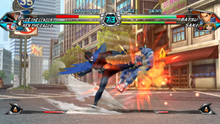 Image of a superhero and a human locked in combat in a city setting.