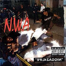 A crime scene of a homicide with the bodies covered with white sheets near the curb. The members of NWA are seen as ghosts above their respective bodies. The album's title "NIGGAZ4LIFE" is seen in a black rectangle and is horizontally mirrored.