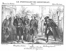 stage scene with men in 18th-century costumes milling about, in outdoor setting