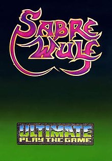 A plain, vertical cover with "Sabre Wulf" in stylized, purple and scripted lettering in a gold outline, and the Ultimate Play the Game logo beneath it. The background is a gradient from black to light green.