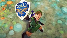Link holding aloft the Hylian Shield which displays the Triforce above a Crimson Loftwing