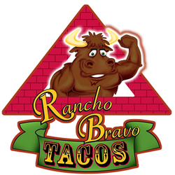Colorful logo with an animal raising one arm and the text "Rancho Bravo Tacos"