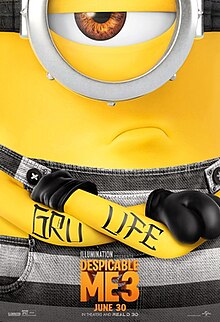 A minion with one eye wearing black-and-white striped denim overalls, with a tattoo that reads "GRU LIFE" around his arms.