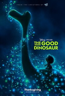 The silhouette of Arlo, a dinosaur with Spot, a small boy on his back surrounded by fireflies.