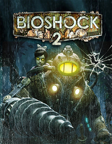 A large, metal-armored character with a drill for a hand and glowing yellow viewport in the helmet faces forward. On his back is a little girl with glowing yellow eyes. At the top of the image is the title BIOSHOCK 2, the letters corroded and covered in barnacles.