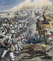 An artistic interpretation of French troops with fixed bayonets defends against a charge of mounted Moroccan fighters, published in French newspaper Le Petit Journal