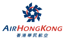 The old Air Hong Kong logo, made up of a navy blue colour pentagon, made up from the five 'A' character formed into a circle. Beneath the logo is the airline's name in both English and Traditional Chinese.