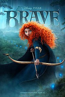 A girl with long, curly bright red hair stares at the viewer holding a bow and an arrow. Behind her is the film's title while at the left shows a bear staring at her. She is located in a forest