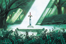 Artwork of the Master Sword in its pedestal in the Lost Woods