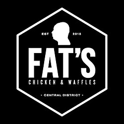 Black-and-white graphic logo with the text "Est 2015", "Fat's Chicken & Waffles", and "Central District"