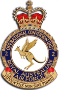 Crest of 2 Operational Conversion Unit, Royal Australian Air Force, featuring a winged kangaroo and the motto "Juventus Non Sine Pinnis"
