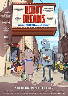 In a bustling street in New York City (with the Empire State Building shown in the background), A dog holding a bag holds hands with a robot who is seen holding roller skates on its neck. A movie theatre is seen from behind presenting the film's titles on the marquee with other animals entering the theatre and others going about their lives.