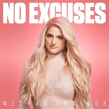A blonde woman standing in front of a pink background with "No Excuses" written above and behind her in white font.