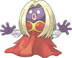 Official artwork of Jynx as it appears in the series. It is a humanoid, female-resembling Pokémon.