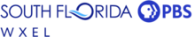Top line: The words "SOUTH FLORIDA", all caps, in a geometric sans serif in blue. The O in Florida is larger, bolder, and has a graphic element suggesting a wave. To the right, the PBS logo in blue. Beneath, off to the left, the letters W X E L.