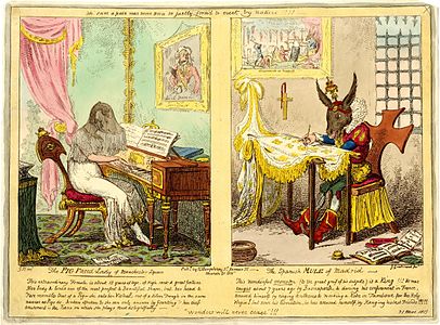 The Pig Faced Lady of Manchester Square (left) at Pig-faced women, by George Cruikshank